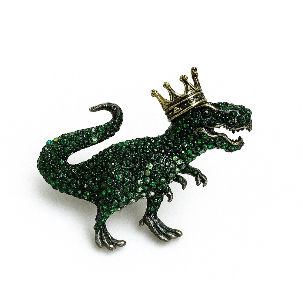🦖⚜️ Green Zirconia Dinosaur Brooch with Gold Crown 👑